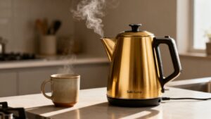 Saki Luna electric kettle with steam rising.