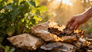 Compostable bags breaking down in soil near a plant.