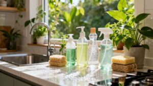 Plastic-free cleaning products on a clean kitchen counter.